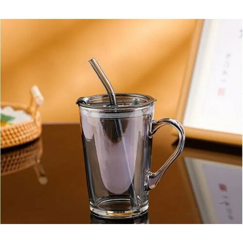 Кружка дымчатая с крышкой и трубочкой стеклянные для напитков 450 мл