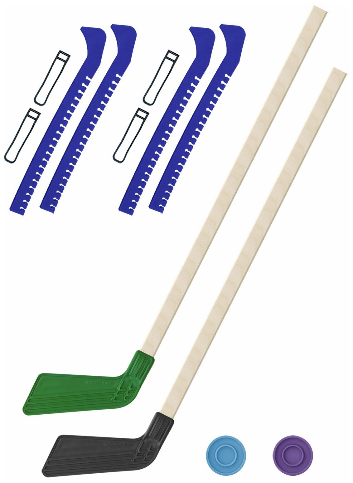 Детский хоккейный набор для игр на улице Клюшка хоккейная детская 2 шт зелёная и чёрная 80 см.+2 шайбы + Чехлы для коньков синие - 2 шт.
