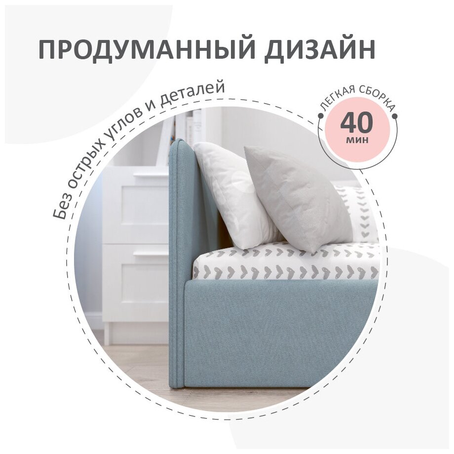 Кровать-диван Romack Leonardo 160*70 голубой с ящиком для белья + боковина большая - фотография № 4