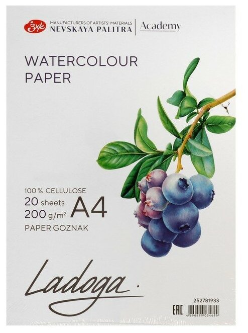 Бумага для акварели в папке А4, ЗХК "Ладога", 20 листов, 200 г/м2, среднезернистая, (252781933)