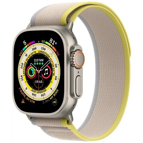 Apple Watch Ultra GPS 49 мм, титановый корпус, ремешок Trail цвета Желтый/Бежевый, размер M/L MQFE3