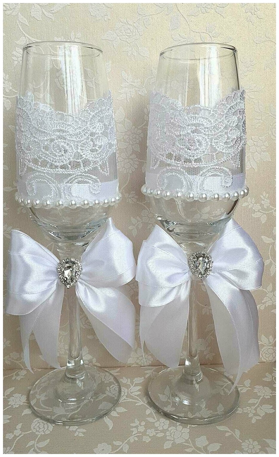 Свадебные бокалы молодоженов "Люкс" в белом цвете/ фужеры для шампанского/ набор 2 шт