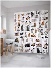 Штора водоотталкивающая для ванной, занавеска в ванную комнату тканевая JoyArty "Разнообразие котов", 180х200 см
