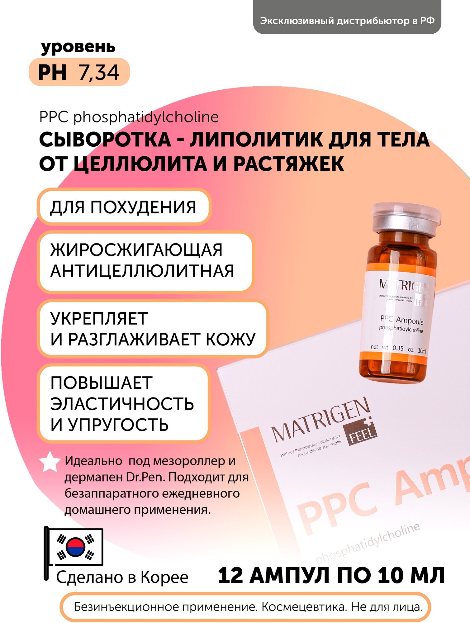 Matrigen PPC Ampoule Жиросжигающая / антицеллюлитная лифтинг сыворотка для тела / липолитик для похудения / под / для мезороллера и дермапен / 12 ампул х 10 мл