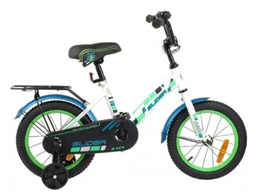 Велосипед Slider 14", с дополнительными колесами, цвет белый голубой зелено - неоновый / велосипед детский