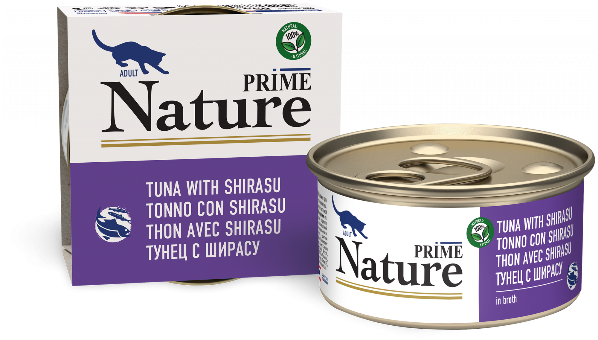 PRIME NATURE консервы для кошек в бульоне, тунец с ширасу 85гр.