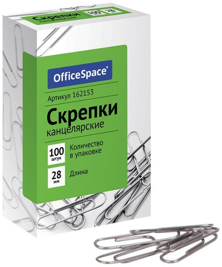 Скрепки 28мм OfficeSpace 100шт, карт. упак.