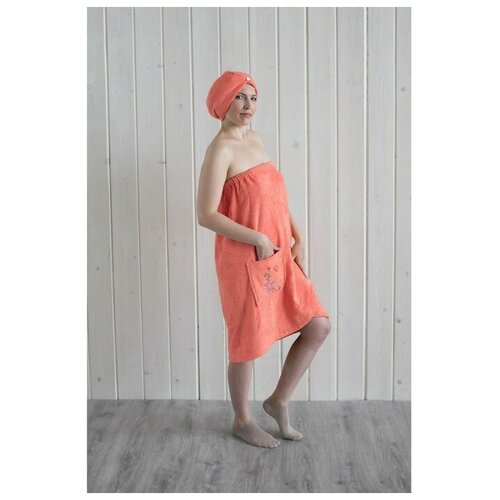 Набор для сауны Homeliness женский (парэо+чалма) вышивка, цвет коралл
