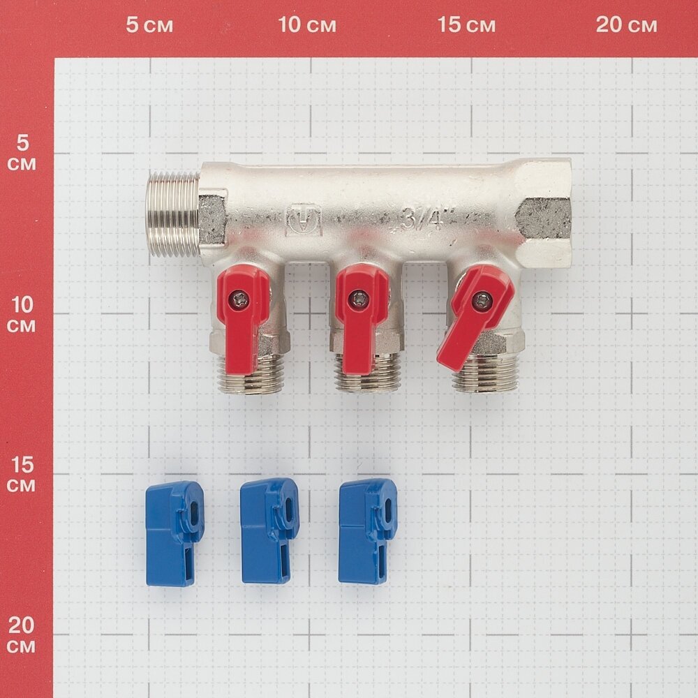 Коллектор Valtec (VTc.580. N.0503) 3/4 ВР(г) х 3 выхода 1/2 НР(ш) х 3/4 НР(ш) с шаровыми кранами