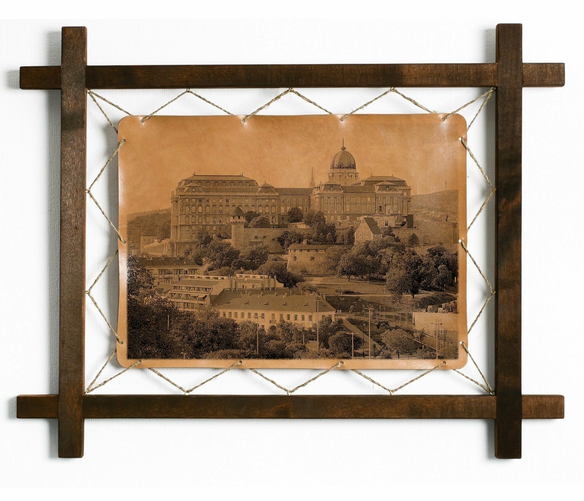 Картина Будайская крепость, Венгрия, гравировка на натуральной коже, интерьерная для украшения и декора на стену в деревянной раме, подарок, BoomGift