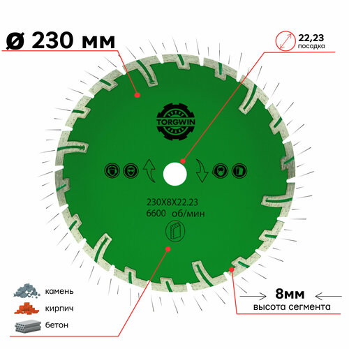 Диск алмазный турбо сегмент 230 х 8 х 22,23 мм с защитными зубьями TORGWIN