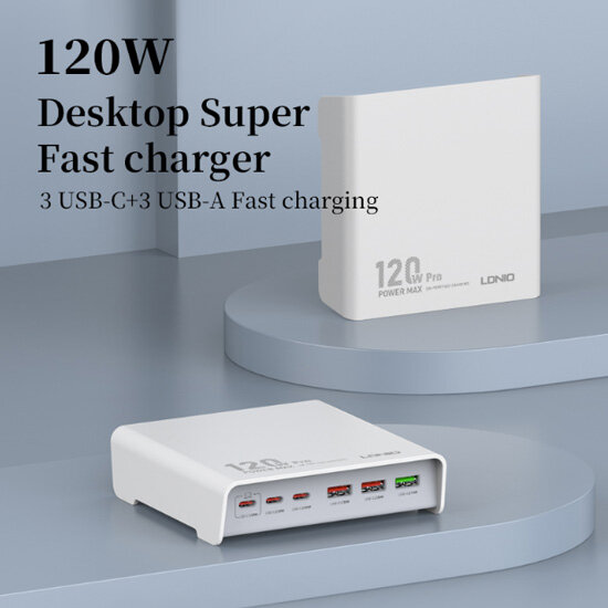 Настольная сетевая зарядка LDNIO Q605 Multi-ports Desktop Charging Station 120W, 3xUSB-A, 3xUSB-C