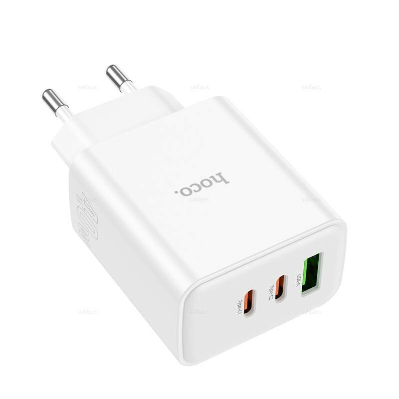 Сетевое зарядное устройство Hoco C126A, 1xUSB + 2xType-C, кабель Type-C To Lightning, QC 3.0, PD 40W, белый — фото 4