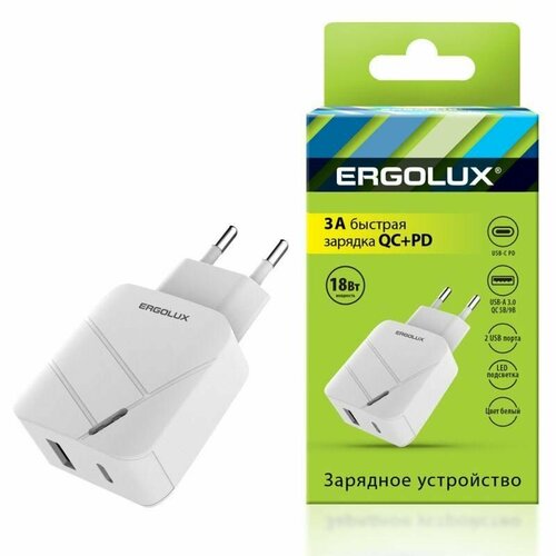 Адаптер сетевой 18Вт 1USB+1Type C 100-220В 5-9В/3А QC коробка бел. Ergolux 15252 сетевой адаптер defender upa 120 1usb c pd20w белый