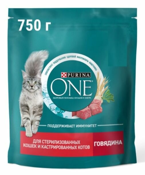 Purina ONE Сухой корм для стерилизованных кошек, с говядиной и пшеницей, 750 г