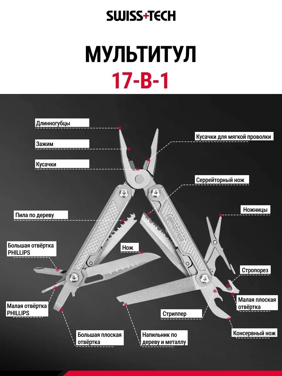 Мультитул туристический с пассатижами 17 в 1 ST021006, SWISS+TECH #ST021006 — фото 1