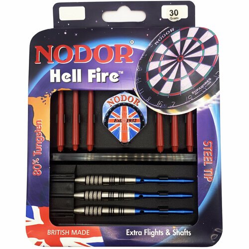 Набор из вольфрамовых дротиков 30гр Nodor Hell Fire steeltip и аксессуаров для Дартс серебристый, синий, серебристый