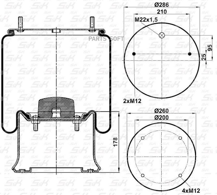 S&K SK4023K01 Пневмоподушка со стаканом (металл 4отв. M12) [2 шп. M12смещ.25. 1отв. штуцM22] SAF