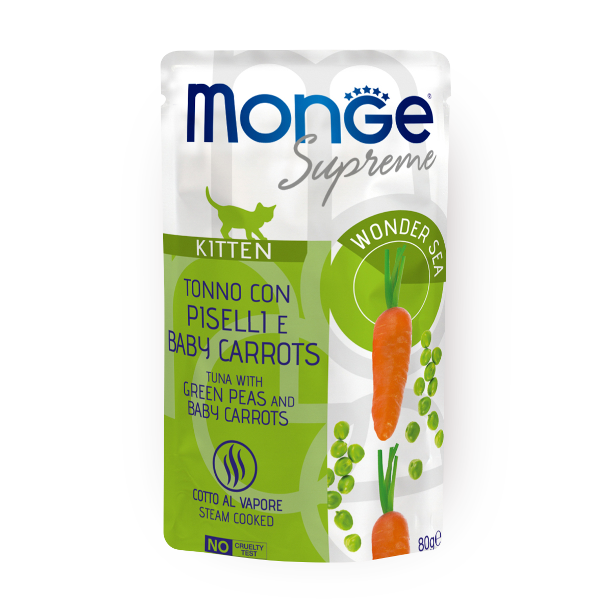 Влажный корм для котят Monge Supreme тунец с зелёным горошком и мини-морковью