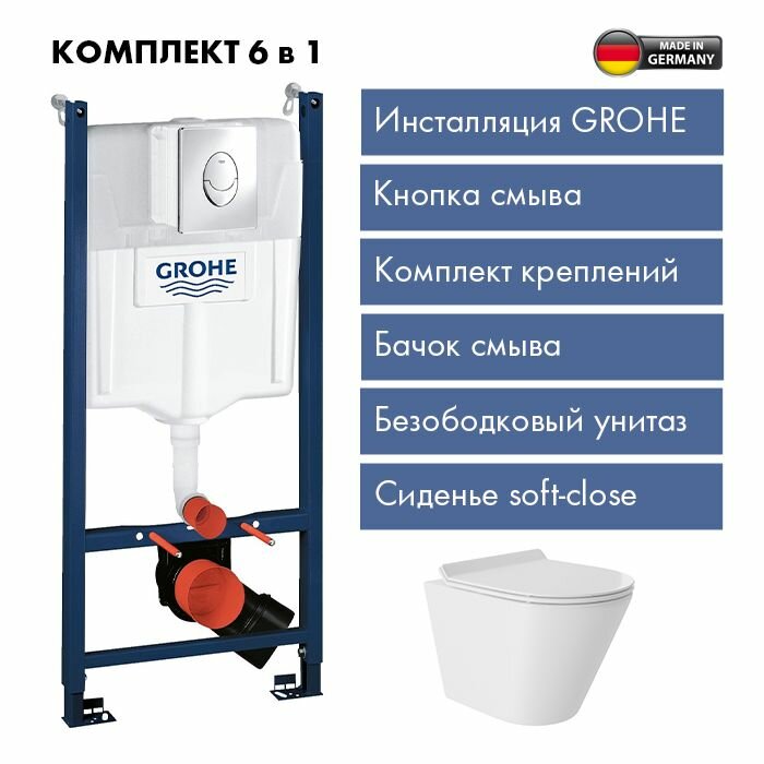 Комплект Инсталляция Grohe Rapid SL для подвесного унитаза с панелью смыва, матовый хром 38745001 + Унитаз подвесной 480*360 безободковый Vortex, сиденье Soft-Close, белый глянцевый, форма конус