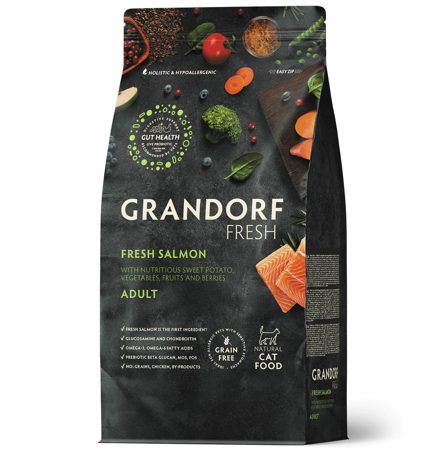 фото Сухой беззерновой корм Grandorf Fresh свежее филе лосося с бататом, с живыми пробиотиками для взрослых кошек , для здоровья кожи и шерсти или склонных к аллергии, 2 кг