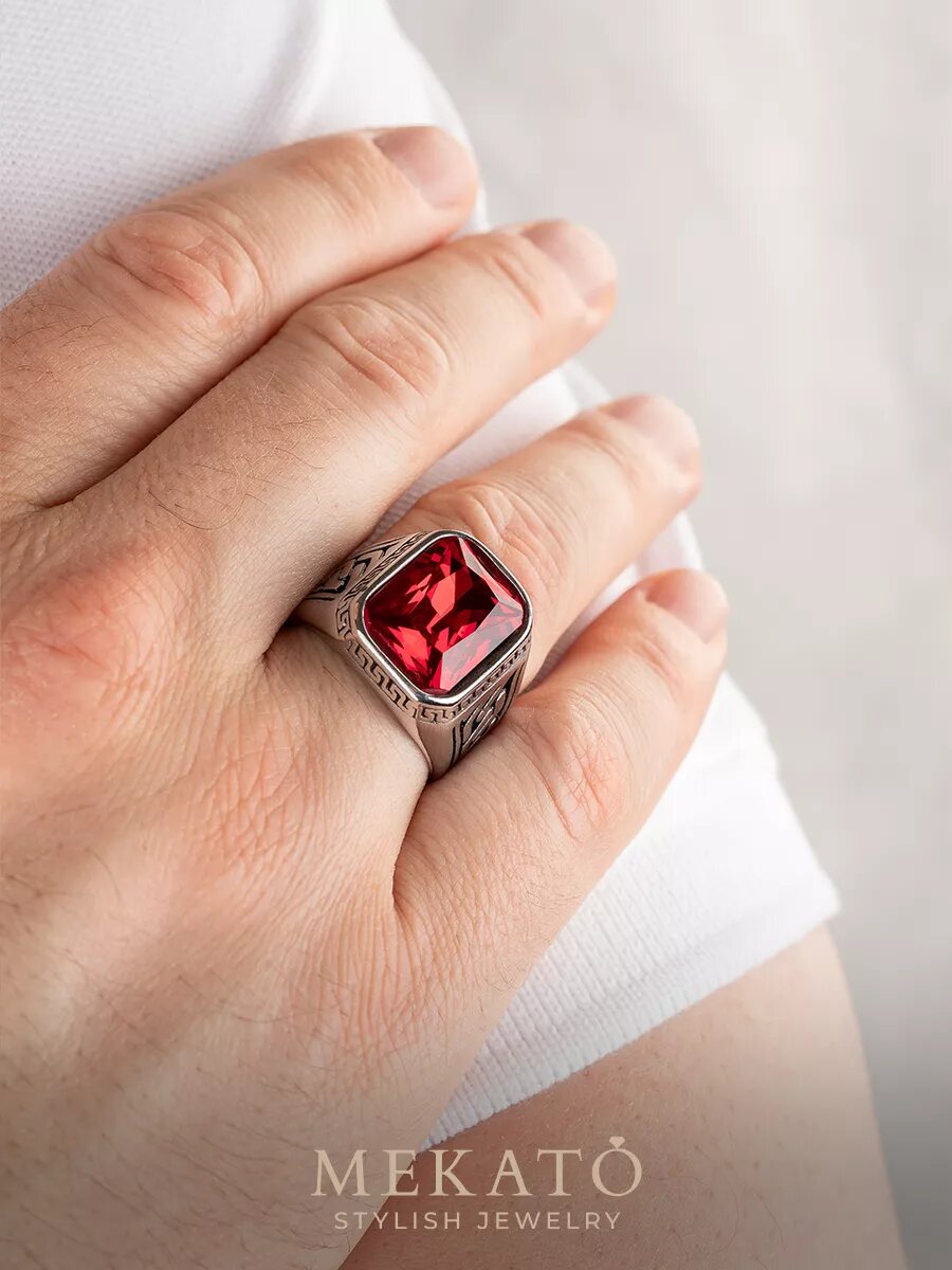 Печатка МЕКАТО, стекло, размер 19, красный, серебряный — фото 1