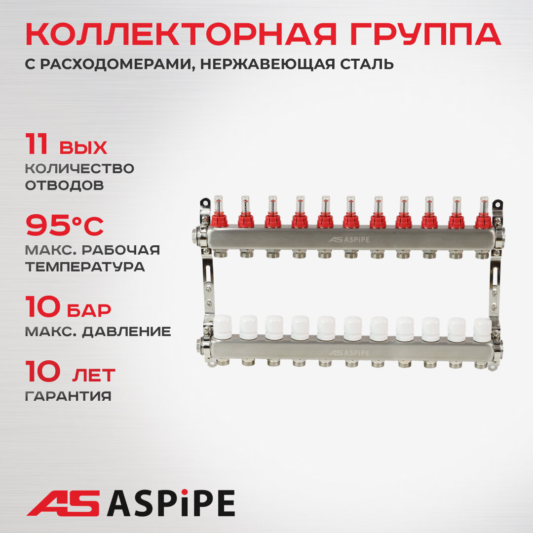 Коллекторная группа ASPiPE (AS-K004) 1"x3/4" на 11 выходов с расходомерами, нержавеющая сталь