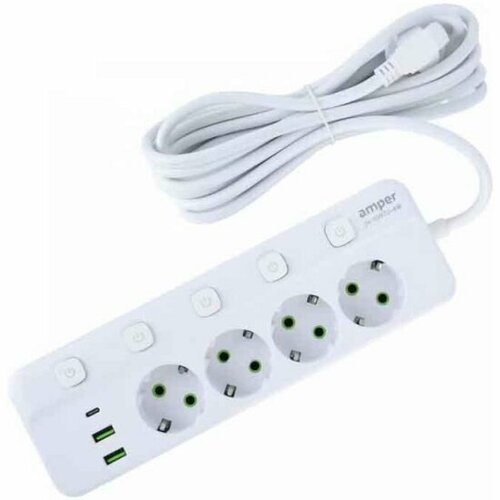 Сетевой удлинитель с USB Amper JH-1097U-2W 4 розетки, 2usb, 1Type-C, 4кн, 2500 Вт, 10А, 2,0м, 3*0,75мм, белый.