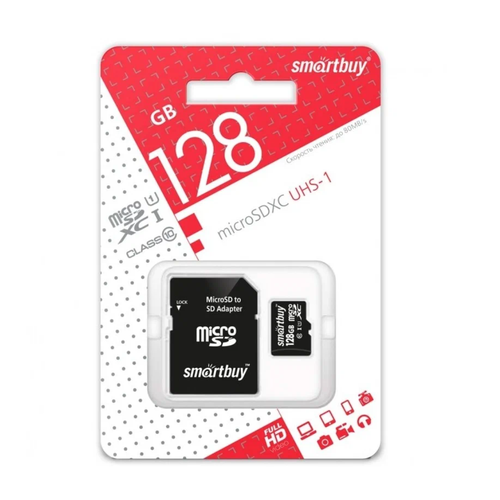 Карта памяти MicroSD 128 ГБ SmartBuy Class10 UHS-I с SD, SB128GBSDCL10-01, с адаптером черный, черный 2