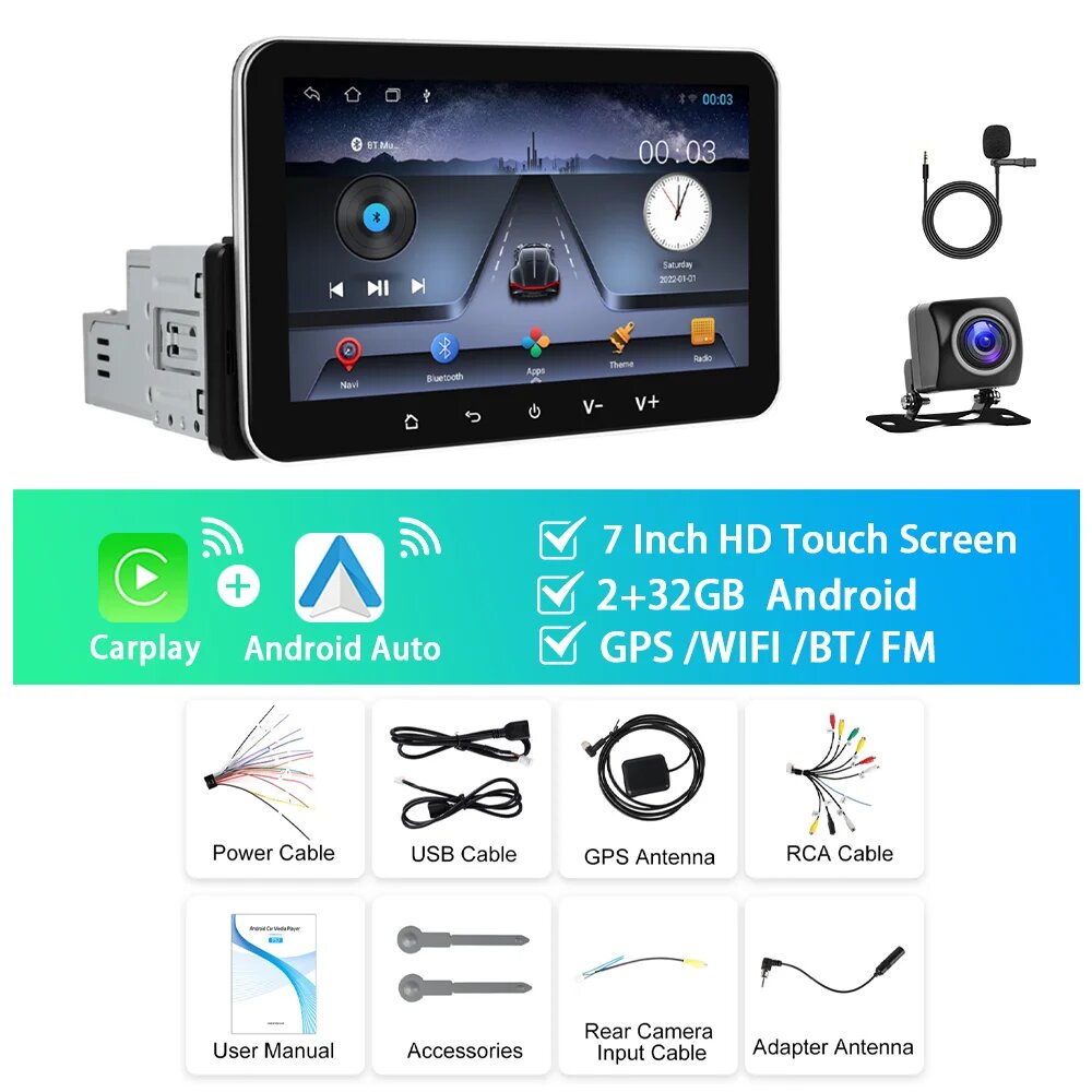 Podofo 2 + 32G Android автомобильный радиоприемник 7 дюймов 1Din мультимедийный плеер Carplay Android Auto GPS-навигация WIFI EQ 4 ядра Bluetooth автомобильная стереосистема, 2 32G AHD