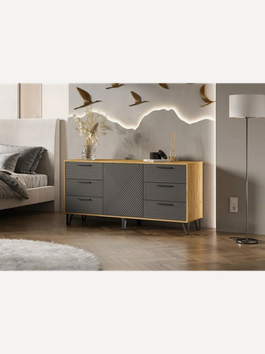 Изображение товара Комод Эталон Флэш 150*73*42.6 Браш Графит /Дуб Крафт на ножках, МДФ, толкатели, ручки металл