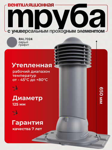 Изображение товара Труба вентиляционная утепленная Viotto d 125 мм с универсальным проходным элементом RAL 7024 графитовый серый
