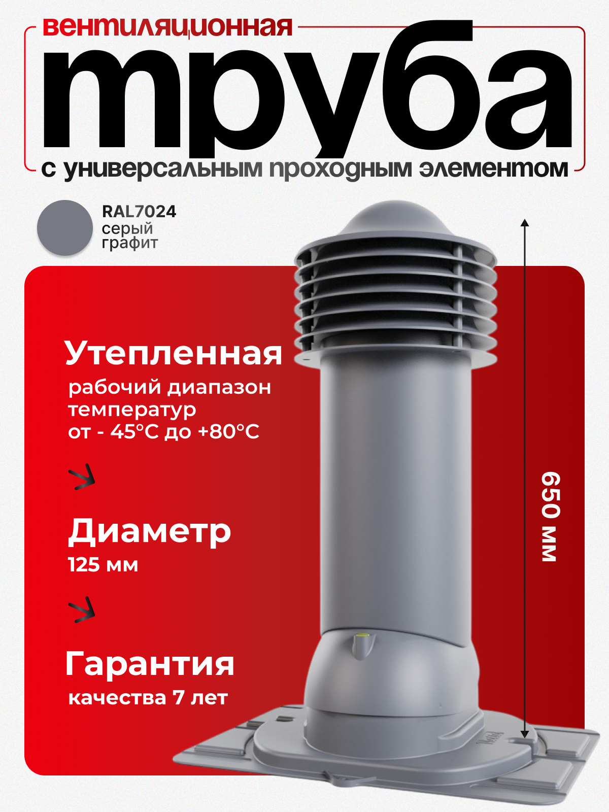 Труба вентиляционная утепленная Viotto d 125 мм с универсальным проходным элементом RAL 7024 графитовый серый