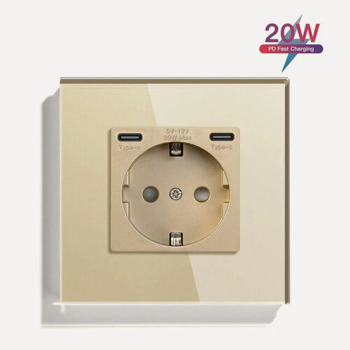 Изображение товара Розетка электрическая 1 пост с Type-C, Type-C, быстрая зарядка 20W, цвет золото