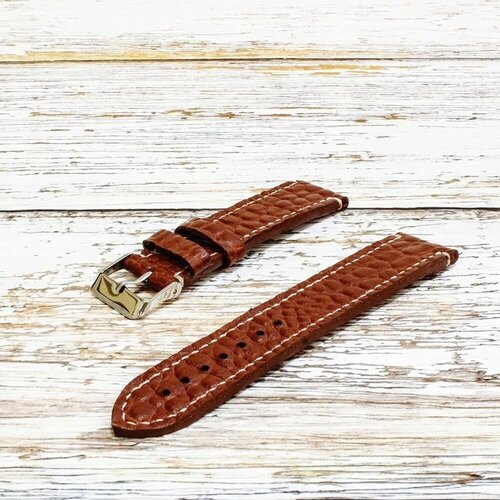 Ремешок натуральная кожа, тиснение, перфорированная, под рептилию, полуглянцевая фактура, застежка пряжка, антибактериальное покрытие, прошитый край, с контрастной строчкой, гипоаллергенный, диаметр шпильки 1.8 мм., размер 20/18 M, серебряный, коричневый