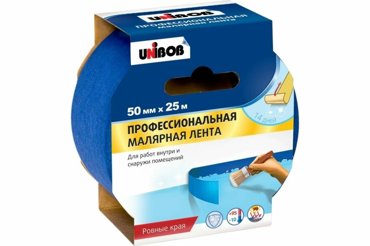 Скотч малярный профессиональный Unibob, для наружных/внутренних работ, 50 мм x 25 м, синий