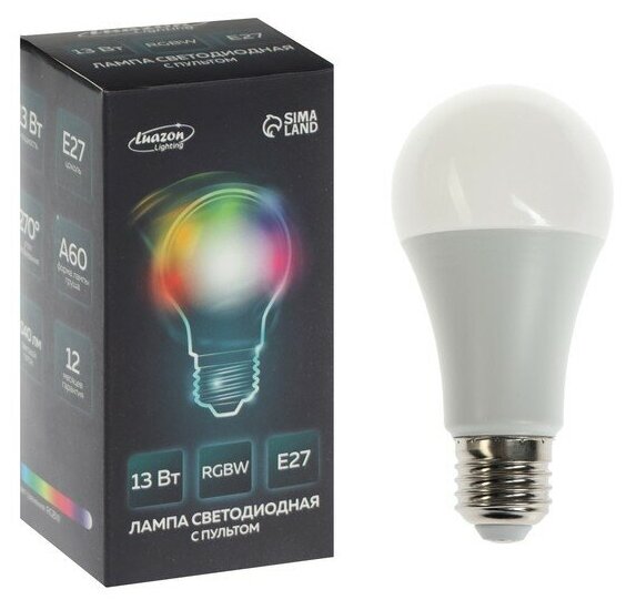 фото Лампа светодиодная RGB+W, с пультом , А60, 13 Вт, 1040 Лм, Е27, 220 В