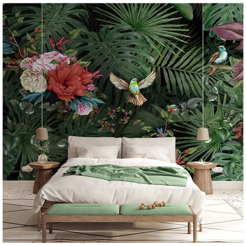 Фотообои 3D Райские птицы 300х270 ШхВ Фотообои 3D на стену флизелиновые 300х270 Фотообои в гостиную спальню зал кухню с птицами Обои виниловые на флизелиновой основе с птицами в тропиках тропические листья 7250₽