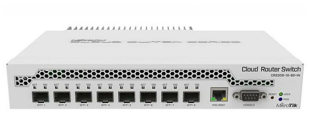 Маршрутизатор MikroTik Cloud Router Switch 309-1G-8S+IN with Dual core 800MHz CPU, 512MB RAM, 1xGigabit LAN, 8 x SFP+ cages, RouterOS L5 or SwitchOS (dual boot), passive desktop case, rackmount ears, PSU (CRS309-1G-8S+IN)