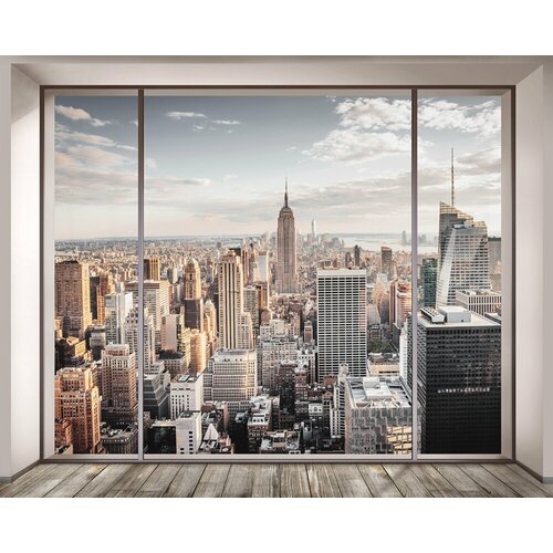 Моющиеся виниловые фотообои GrandPiK Нью-Йорк сквозь панорамное окно, 300х240 см