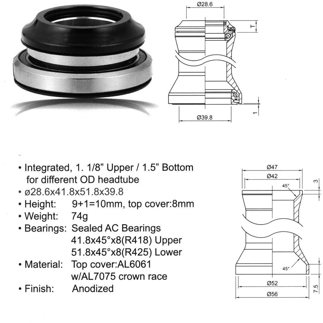 Рулевой набор алюминий интегр. картр. 1 1/8"-1,5" 28,6/41,8/51.8/39,8мм 45 x45 черн. AUTHOR