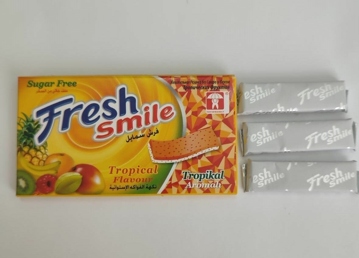 Жевательная резинка FRESH SMILE без сахара со вкусом тропических фруктов 14 г х 24 штуки - фотография № 4