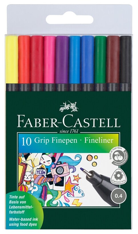 151610 Набор капиллярных ручек Faber-Castell "Grip Finepen" 10цв, 0,4мм, трехгранные, пластик. уп, европ.
