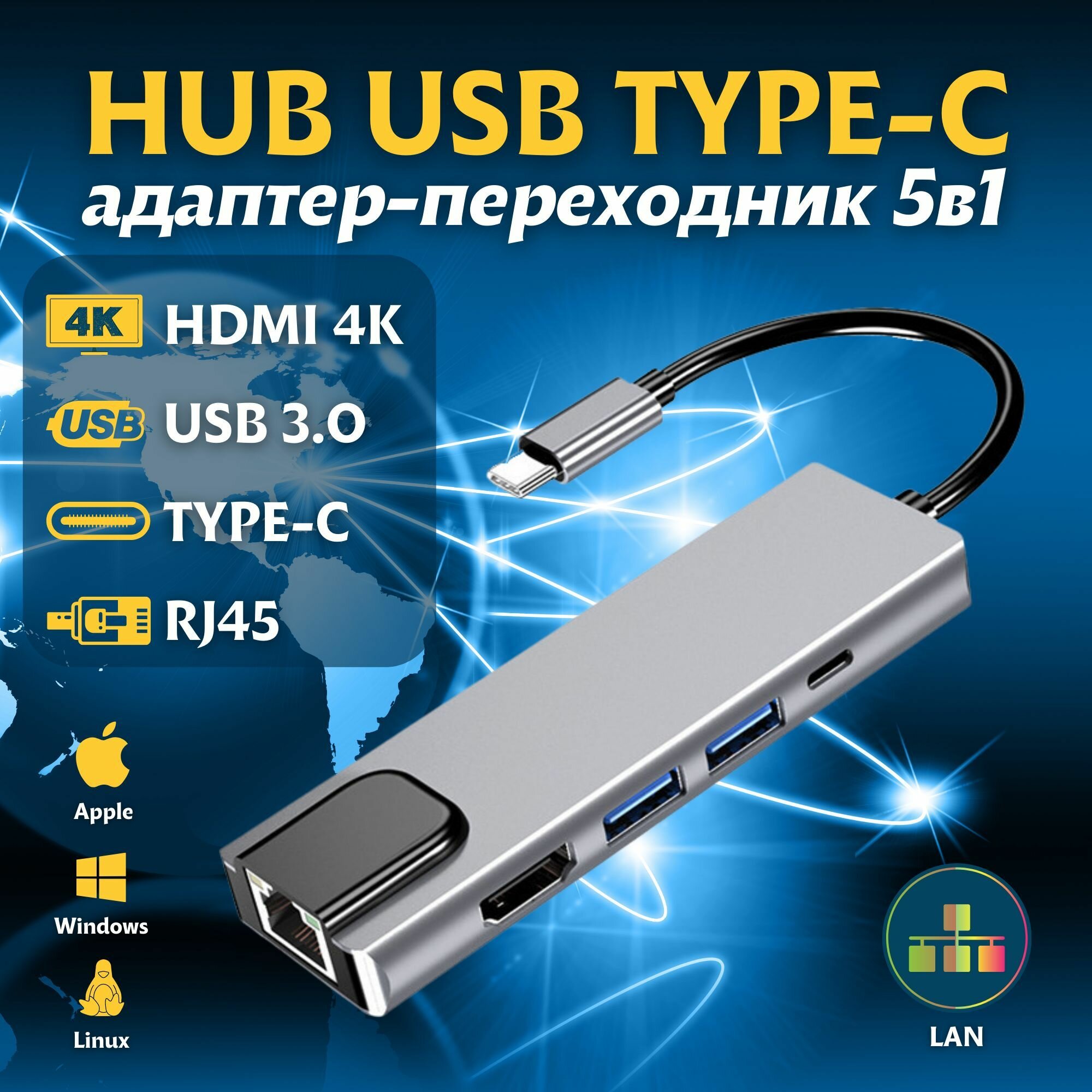 Хаб 5 в 1 Type-C/HUB 2хUSB 30+RJ45 переходник LAN+HDMI 4K+PD Зарядка до 100W для MacBook Pro/Air