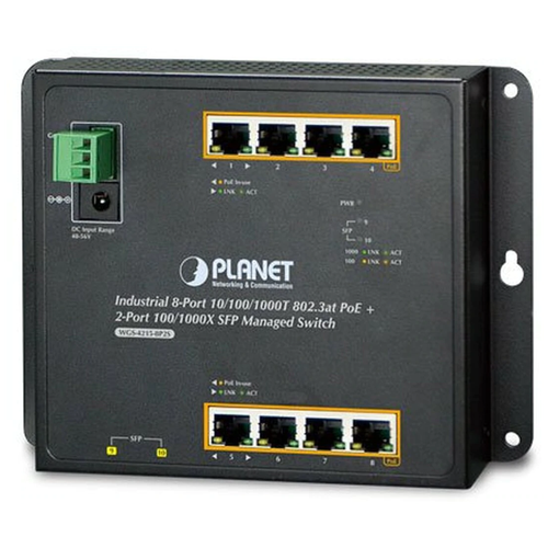 Коммутатор PLANET WGS-4215-8T2S (IP30, IPv6/IPv4, 8-Port 1000TP + 2-Port 100/1000F SFP Wall-mount Managed Ethernet Switch (-40 to 75 C), dual redundant power input on 12-48VDC / 24VAC terminal block and power jack, SNMPv3, 802.1Q VLAN, IGMP Snooping,