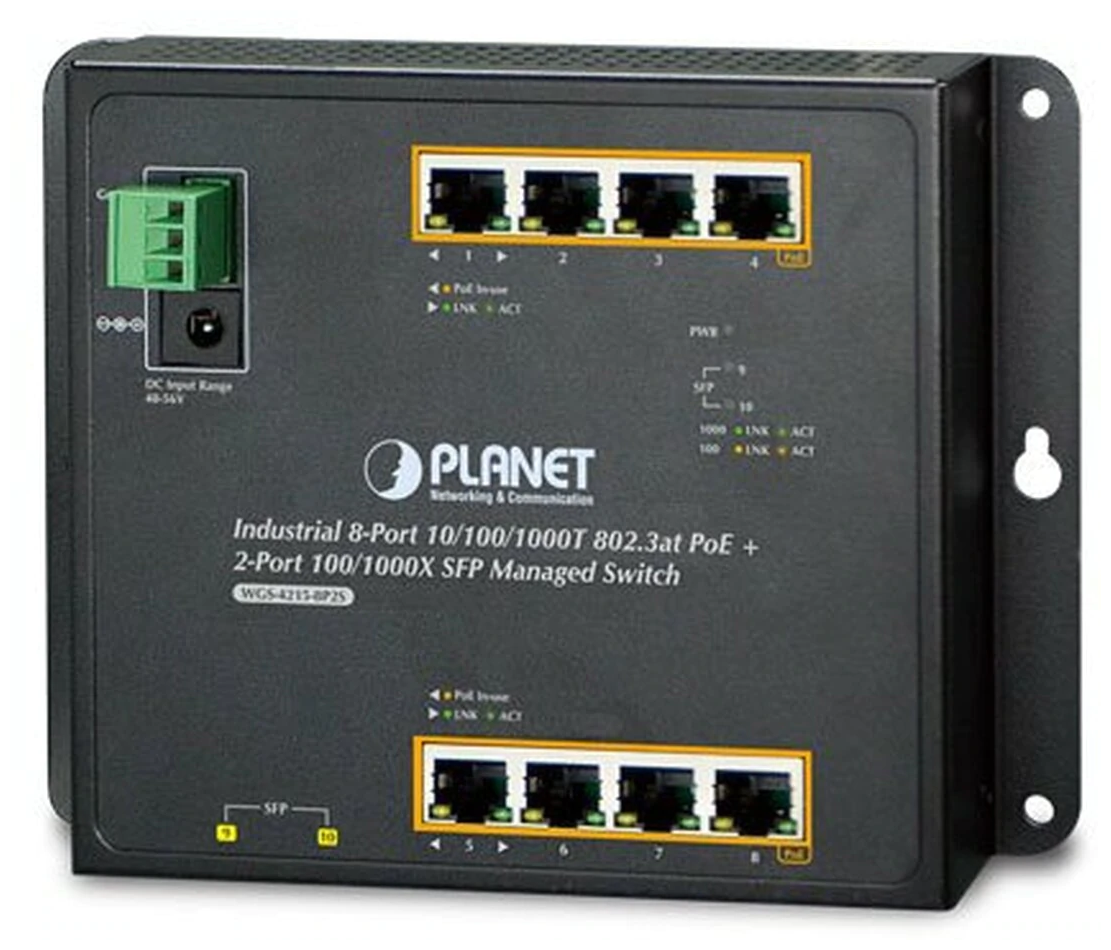 Коммутатор PLANET WGS-4215-8T2S (IP30, IPv6/IPv4, 8-Port 1000TP + 2-Port 100/1000F SFP Wall-mount Managed Ethernet Switch (-40 to 75 C), dual redundant power input on 12-48VDC / 24VAC terminal block and power jack, SNMPv3, 802.1Q VLAN, IGMP Snooping,