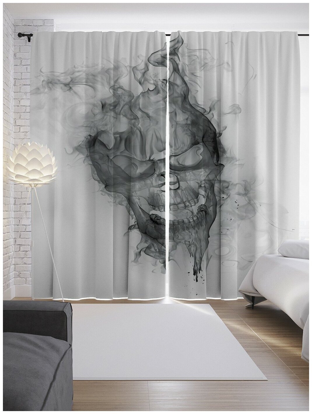 Шторы, фотошторы JoyArty "Череп из дыма" из ткани сатен, 2 полотна 145x265 см, шторная лента и крючки - фотография № 10
