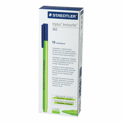 Текстовыделитель STAEDTLER (Германия) "Triplus Textsurfer", неон зеленый, трехгранный, линия 1-4 мм, 362-5 10 шт