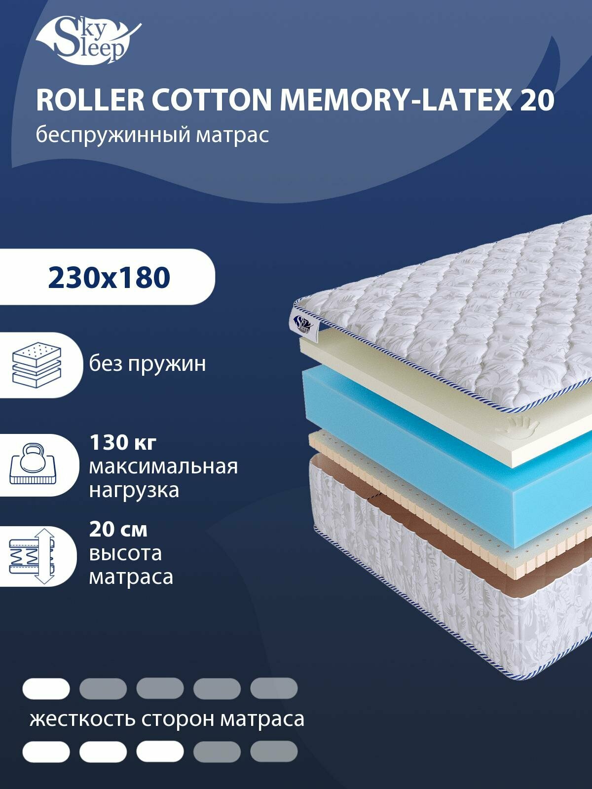Беспружинный ортопедический матрас SkySleep FLEX Plus Memo Latex 20 на диван кровать 230x180