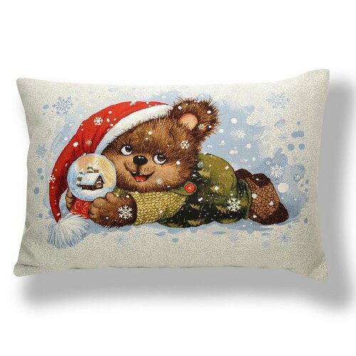 Наволочка новогодняя декоративная / интерьерная на подушку Мишка Дед Мороз. 45х63 см гобелен